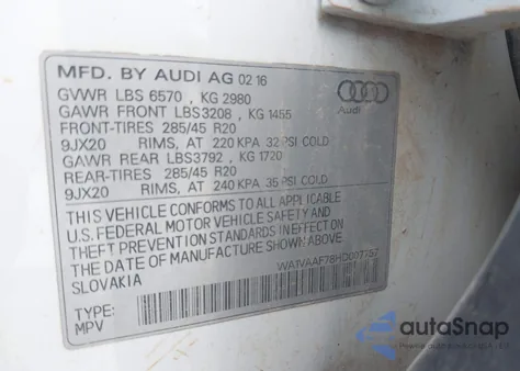 2017 Audi Q7 3.0T Premium из США, поврежденный, VIN WA1VAAF78HD007757